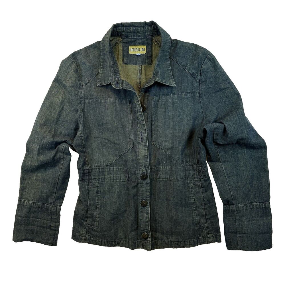 Iridium 100% Cotton Denim Blazer Jacket S Small Blue Green Garment Wash